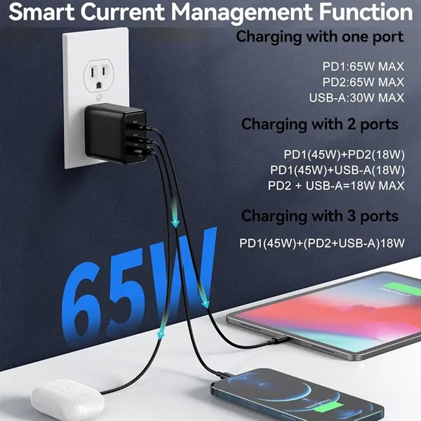 65W 3 Port Fast Compact GaN Charger - 65W 3 Port Fast Compact GaN Charger - Image 3 of 4