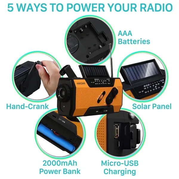 5000mAh AM/FM/WB Hand Crank Weather Radio - 5000mAh AM/FM/WB Hand Crank Weather Radio - Image 3 of 5