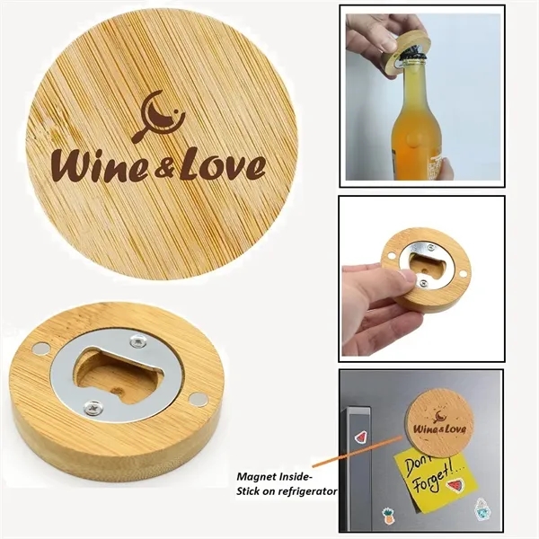 Round Bamboo Bottle Opener Fridge Magnet - Round Bamboo Bottle Opener Fridge Magnet - Image 0 of 3