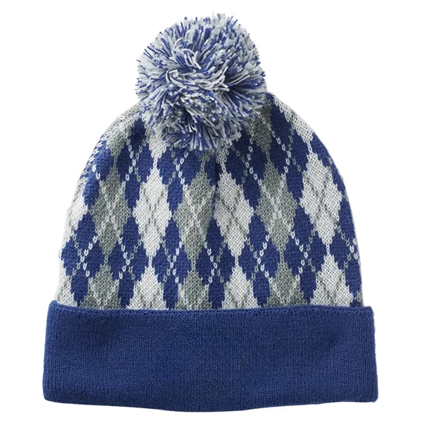 Knitted Pompom Beanies with a Diamond Pattern Design - Knitted Pompom Beanies with a Diamond Pattern Design - Image 1 of 3