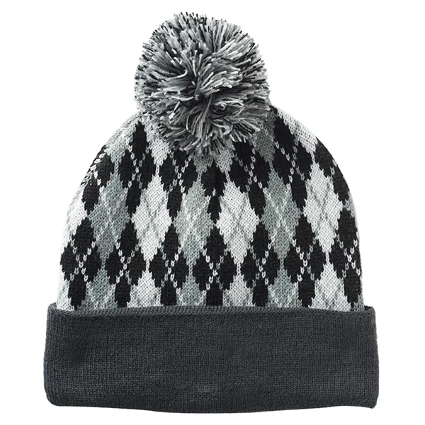 Knitted Pompom Beanies with a Diamond Pattern Design - Knitted Pompom Beanies with a Diamond Pattern Design - Image 2 of 3