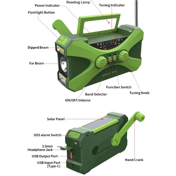 10000mAh Solar Hand Crank Emergency Flashlight SOS Radio - 10000mAh Solar Hand Crank Emergency Flashlight SOS Radio - Image 2 of 7