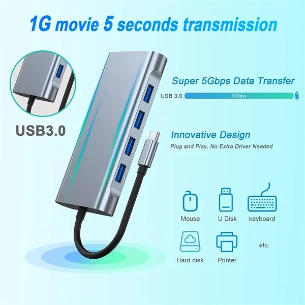 USB C HUB Adapter 11 in 1 Dongle with 4K HDMI VGA Type C PD - USB C HUB Adapter 11 in 1 Dongle with 4K HDMI VGA Type C PD - Image 4 of 7