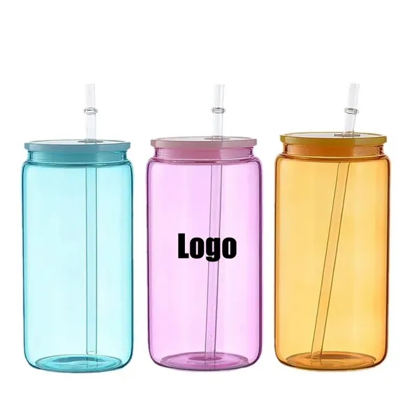 16oz Glass Drinking Cup with Straw and Lid - 16oz Glass Drinking Cup with Straw and Lid - Image 0 of 5