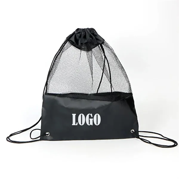 Drawstring Mesh Spliced Polyester Fabric Bag - Drawstring Mesh Spliced Polyester Fabric Bag - Image 2 of 2