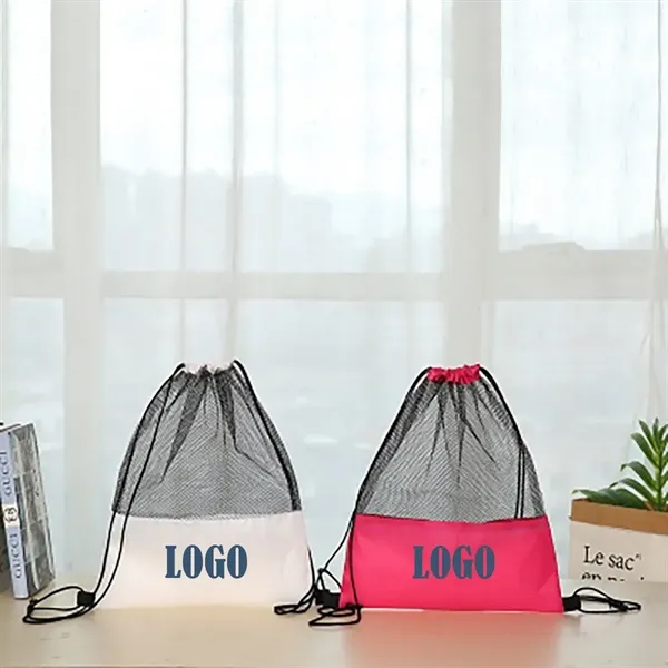 Drawstring Mesh Spliced Polyester Fabric Bag - Drawstring Mesh Spliced Polyester Fabric Bag - Image 0 of 2