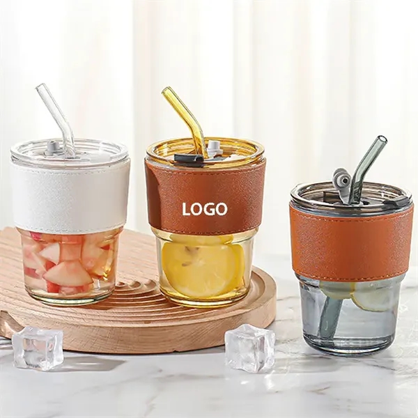 13oz Glass Water Tumbler With Straw and Leather Sleeve - 13oz Glass Water Tumbler With Straw and Leather Sleeve - Image 1 of 2
