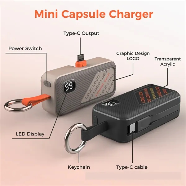 5000mAh Mini Portable Power Bank with Keychain - 5000mAh Mini Portable Power Bank with Keychain - Image 1 of 2