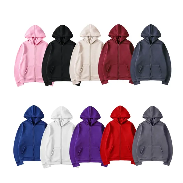 Unisex Casual Solid Color Full Zip Up Hoodies Sweatshirts - Unisex Casual Solid Color Full Zip Up Hoodies Sweatshirts - Image 1 of 4