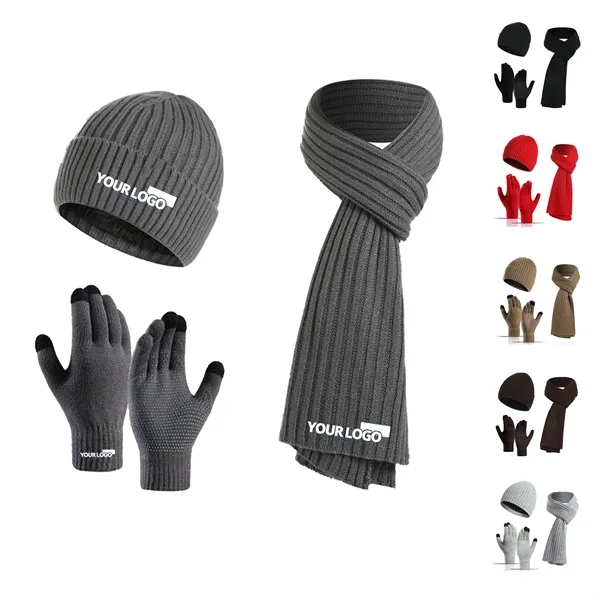 3PCS Winter Unisex Hat Scarf Touch Screen Gloves Set
