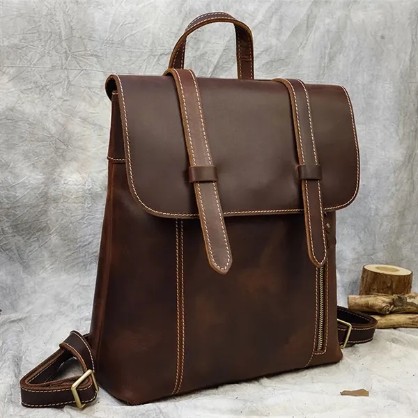 Genuine Leather Flip Cover Vintage Business Laptop Backpack - Genuine Leather Flip Cover Vintage Business Laptop Backpack - Image 3 of 9