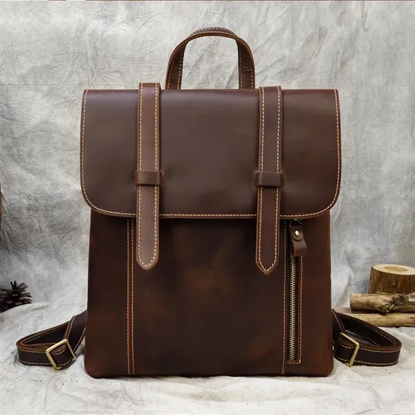 Genuine Leather Flip Cover Vintage Business Laptop Backpack - Genuine Leather Flip Cover Vintage Business Laptop Backpack - Image 6 of 9