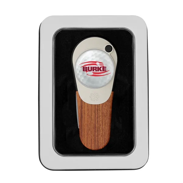 Custom Pitchfix Woodie Golf Divot Repair Tool in Window Tin