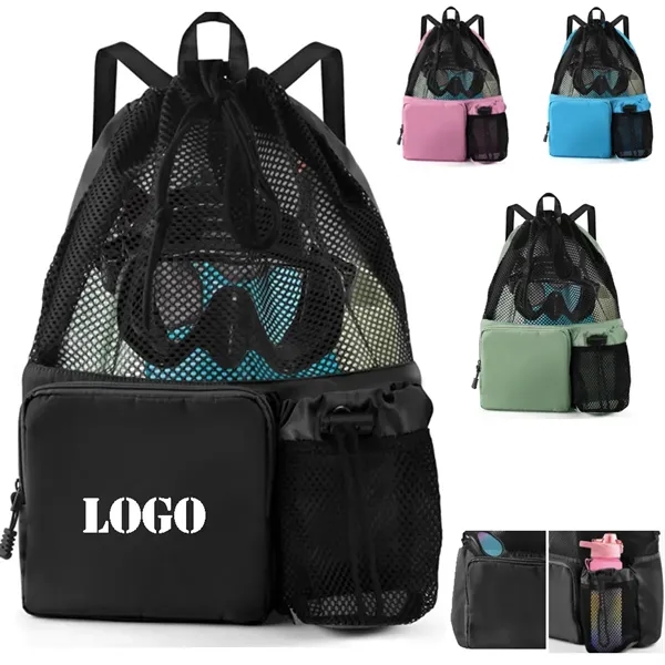 Unisex Drawstring Mesh Backpack With 2 Pockets - Unisex Drawstring Mesh Backpack With 2 Pockets - Image 0 of 2