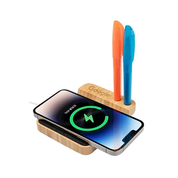 10W Bamboo Wireless Charger With Pen Holder - 10W Bamboo Wireless Charger With Pen Holder - Image 2 of 3