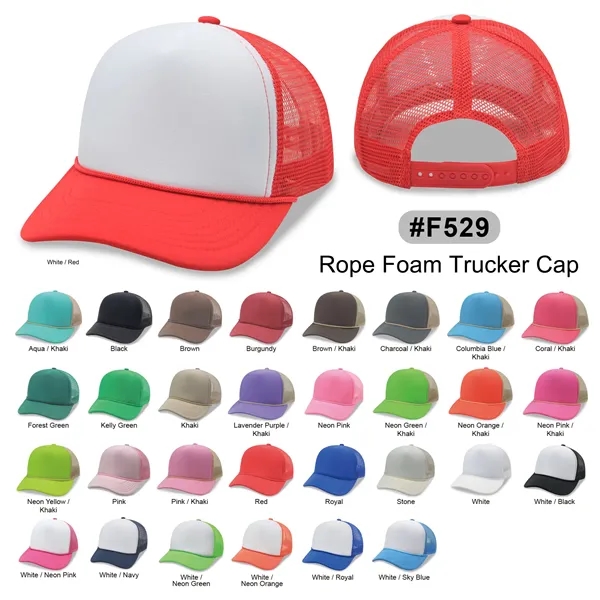 5 Panel Foam Mesh Back Trucker Cap w/Rope - 5 Panel Foam Mesh Back Trucker Cap w/Rope - Image 0 of 31