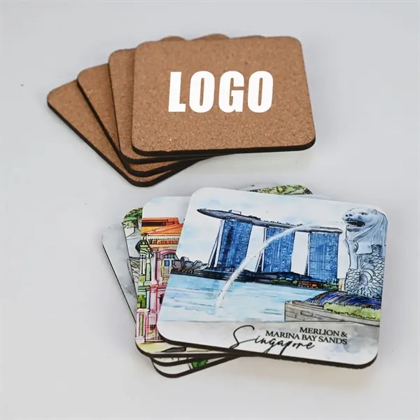 3 1/2" Custom Full Color Imprint Square Cork Wood Coaster - 3 1/2" Custom Full Color Imprint Square Cork Wood Coaster - Image 0 of 2