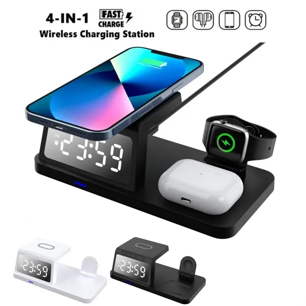 4 in 1 Wireless Charging Station with Digital Alarm Clock - 4 in 1 Wireless Charging Station with Digital Alarm Clock - Image 0 of 4