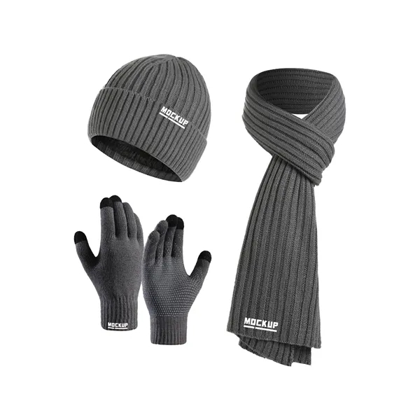 Fleece lining Winter Knitted Beanie Hat Scarf Glove Set - Fleece lining Winter Knitted Beanie Hat Scarf Glove Set - Image 0 of 6