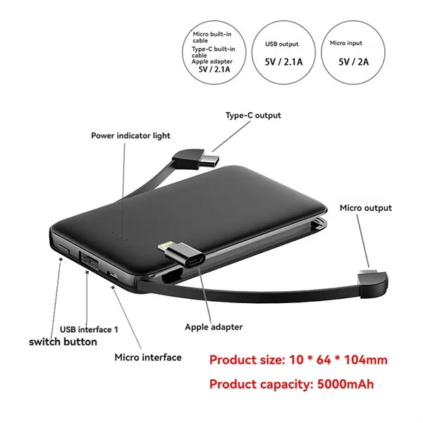 4-in-1 5,000 mAh Slim Power Bank with Built in Cable - 4-in-1 5,000 mAh Slim Power Bank with Built in Cable - Image 1 of 4
