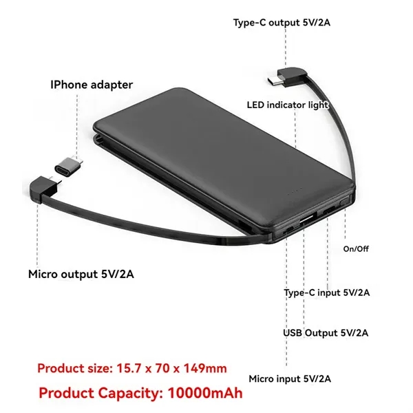 4-in-1 5,000 mAh Slim Power Bank with Built in Cable - 4-in-1 5,000 mAh Slim Power Bank with Built in Cable - Image 2 of 4