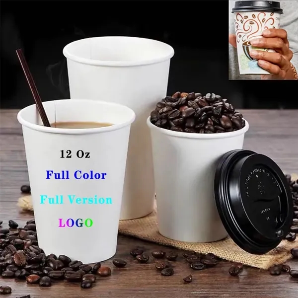 12oz Custom Disposable Paper Coffee Cup w/Black Lid - 12oz Custom Disposable Paper Coffee Cup w/Black Lid - Image 0 of 3