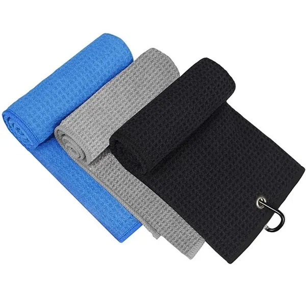 Microfiber Waffle Pattern Golf Towel With Carabiners Clip - Microfiber Waffle Pattern Golf Towel With Carabiners Clip - Image 1 of 3