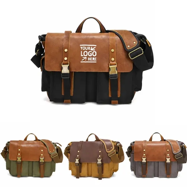 Genuine Leather Canvas Messenger Bag Shoulder Backpack - Genuine Leather Canvas Messenger Bag Shoulder Backpack - Image 0 of 3