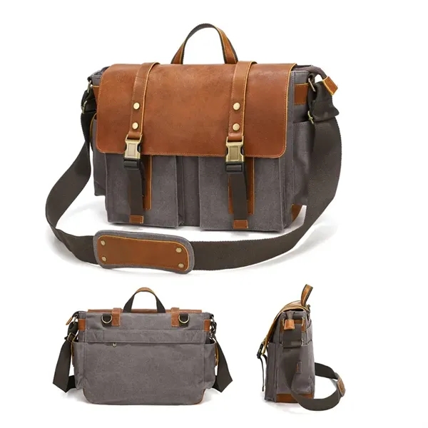 Genuine Leather Canvas Messenger Bag Shoulder Backpack - Genuine Leather Canvas Messenger Bag Shoulder Backpack - Image 1 of 3