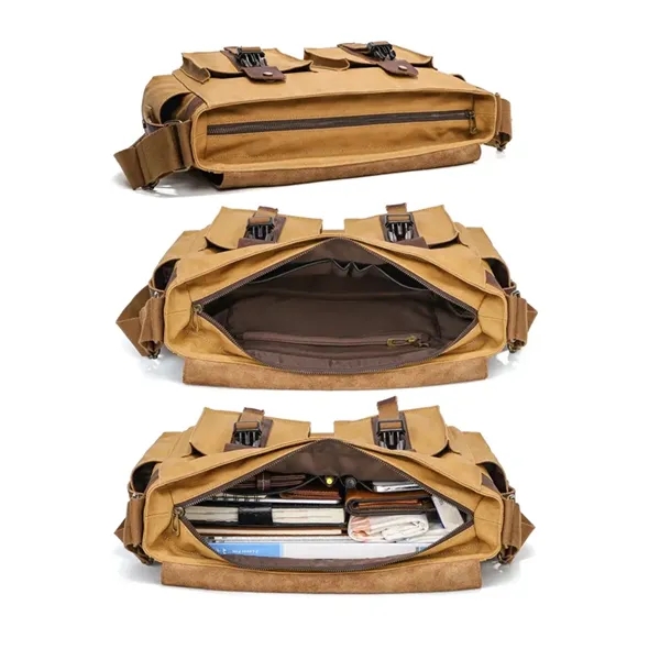 Genuine Leather Canvas Messenger Bag Shoulder Backpack - Genuine Leather Canvas Messenger Bag Shoulder Backpack - Image 2 of 3