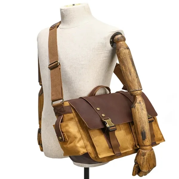 Genuine Leather Canvas Messenger Bag Shoulder Backpack - Genuine Leather Canvas Messenger Bag Shoulder Backpack - Image 3 of 3