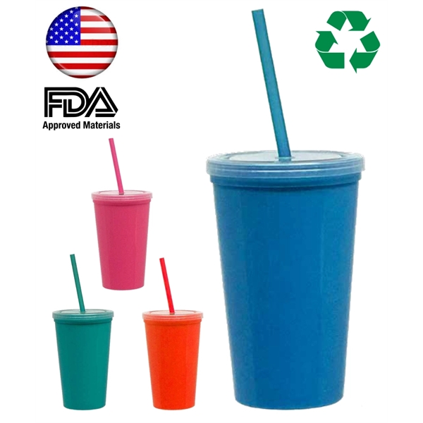 Tropical Double Wall Tumbler Travel Cup w/Straw - 16oz