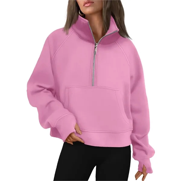 Half Zip Cropped Fleece Sweatshirt Pullover - Half Zip Cropped Fleece Sweatshirt Pullover - Image 2 of 7