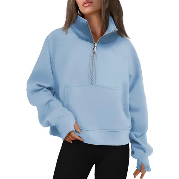 Half Zip Cropped Fleece Sweatshirt Pullover - Half Zip Cropped Fleece Sweatshirt Pullover - Image 6 of 7