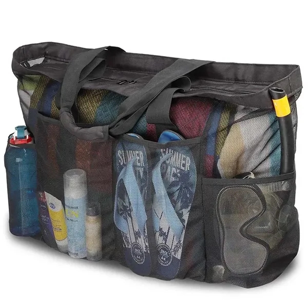 Mesh Beach Tote Bag With Zipper And Pockets - Mesh Beach Tote Bag With Zipper And Pockets - Image 1 of 7