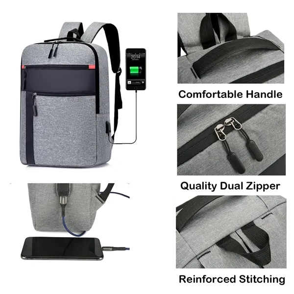 Color-Block Laptop Backpack with USB Port - Color-Block Laptop Backpack with USB Port - Image 2 of 8