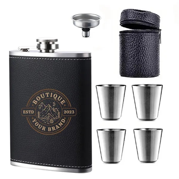8 oz Black Leather Hip Flask Set Stainless Steel Bottle - 8 oz Black Leather Hip Flask Set Stainless Steel Bottle - Image 0 of 2