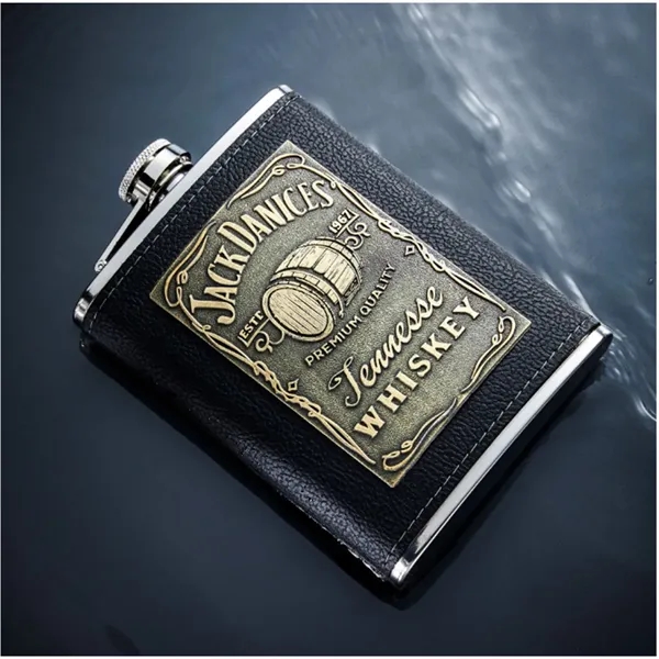 8 oz Black Leather Hip Flask Set Stainless Steel Bottle - 8 oz Black Leather Hip Flask Set Stainless Steel Bottle - Image 2 of 2
