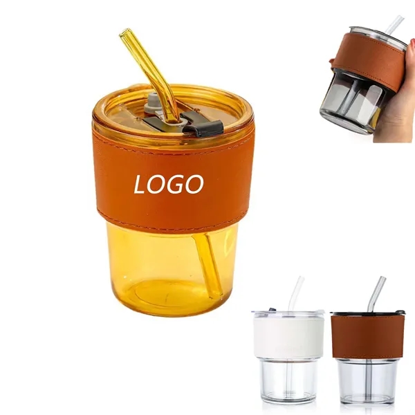 14 Oz Glass Coffee Cup With Leather Lid - 14 Oz Glass Coffee Cup With Leather Lid - Image 0 of 4