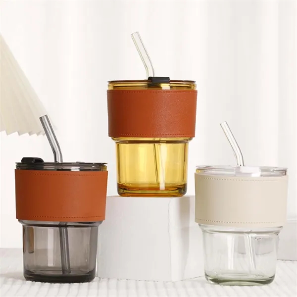 14 Oz Glass Coffee Cup With Leather Lid - 14 Oz Glass Coffee Cup With Leather Lid - Image 3 of 4