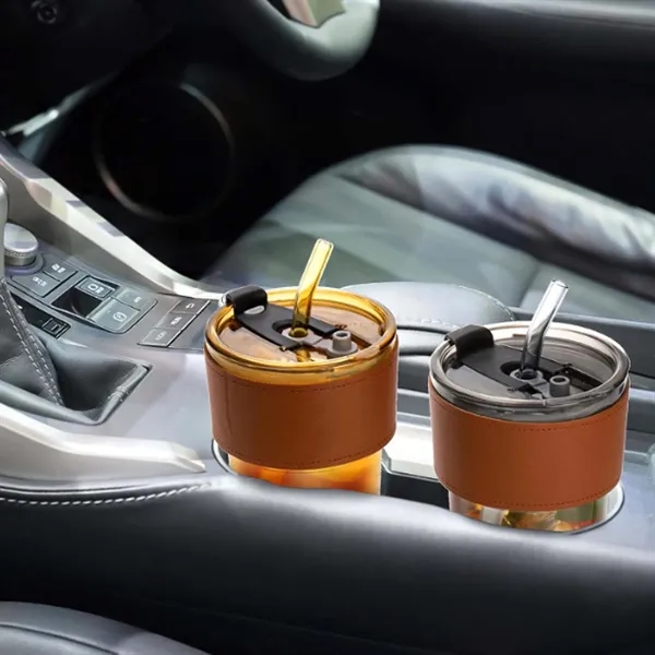 14 Oz Glass Coffee Cup With Leather Lid - 14 Oz Glass Coffee Cup With Leather Lid - Image 4 of 4