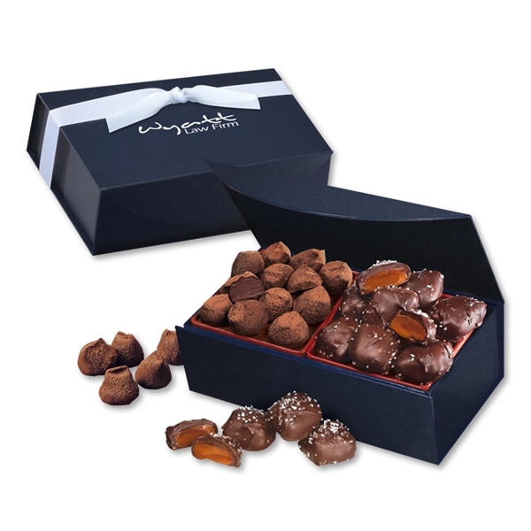 Sea Salt Caramels & Truffles in Navy Magnetic Closure Box - Sea Salt Caramels & Truffles in Navy Magnetic Closure Box - Image 0 of 1