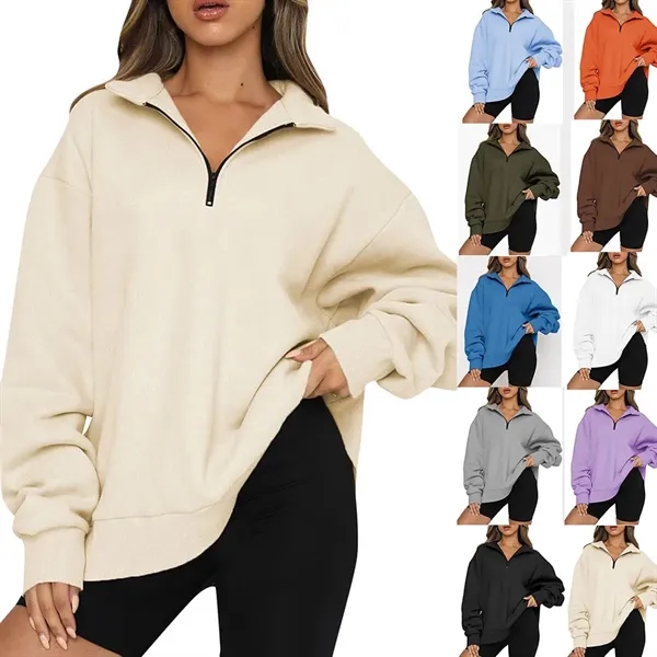 Women Quarter Zip Pullover Long Sleeve Tops Sweatshirt - Women Quarter Zip Pullover Long Sleeve Tops Sweatshirt - Image 0 of 8