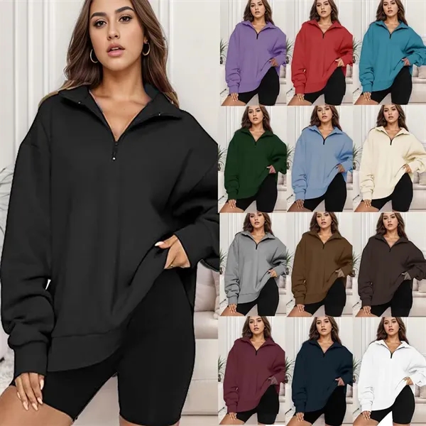 Women Quarter Zip Pullover Long Sleeve Tops Sweatshirt - Women Quarter Zip Pullover Long Sleeve Tops Sweatshirt - Image 1 of 8