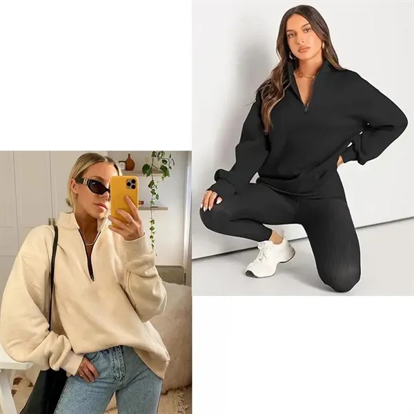 Women Quarter Zip Pullover Long Sleeve Tops Sweatshirt - Women Quarter Zip Pullover Long Sleeve Tops Sweatshirt - Image 2 of 8