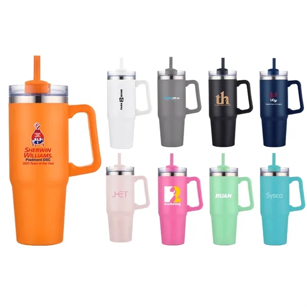 30 oz. Vacuum Stainless Steel Travel Mug w/ Handle & Straw - 30 oz. Vacuum Stainless Steel Travel Mug w/ Handle & Straw - Image 0 of 19
