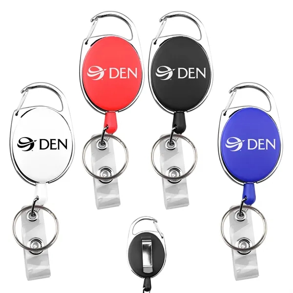 Oval retractable carabiner badge holder w/ key ring and clip - Oval retractable carabiner badge holder w/ key ring and clip - Image 0 of 4