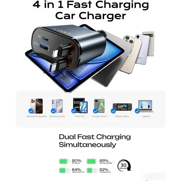 Retractable 4 in 1 Cell Phone Automobile Chargers - Retractable 4 in 1 Cell Phone Automobile Chargers - Image 1 of 1