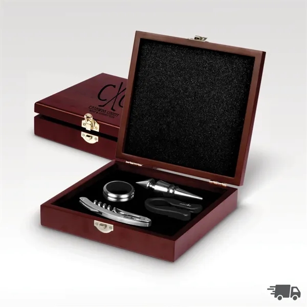 Unwine II Four-Piece Wine Set - Cherry-Finished Wood Box