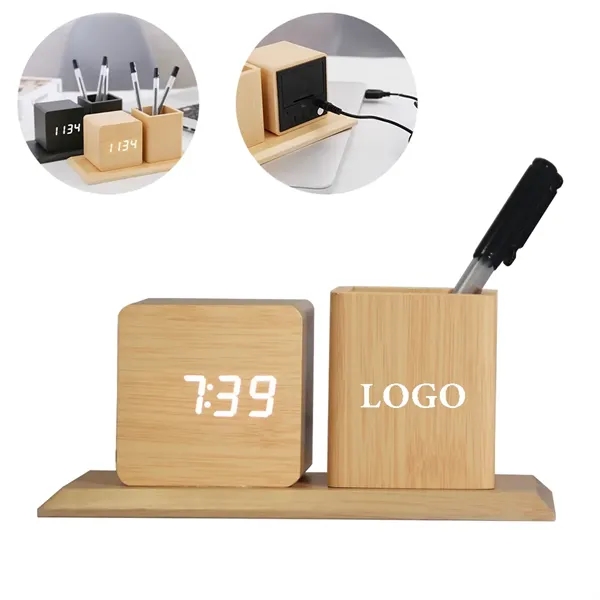 LED Wooden Clock with Pen Holder - LED Wooden Clock with Pen Holder - Image 0 of 14